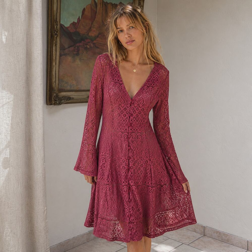 90s Whimsigoth Dress Dusty Rose Sheer Lace Bell Sleeve Button Front Romantic L